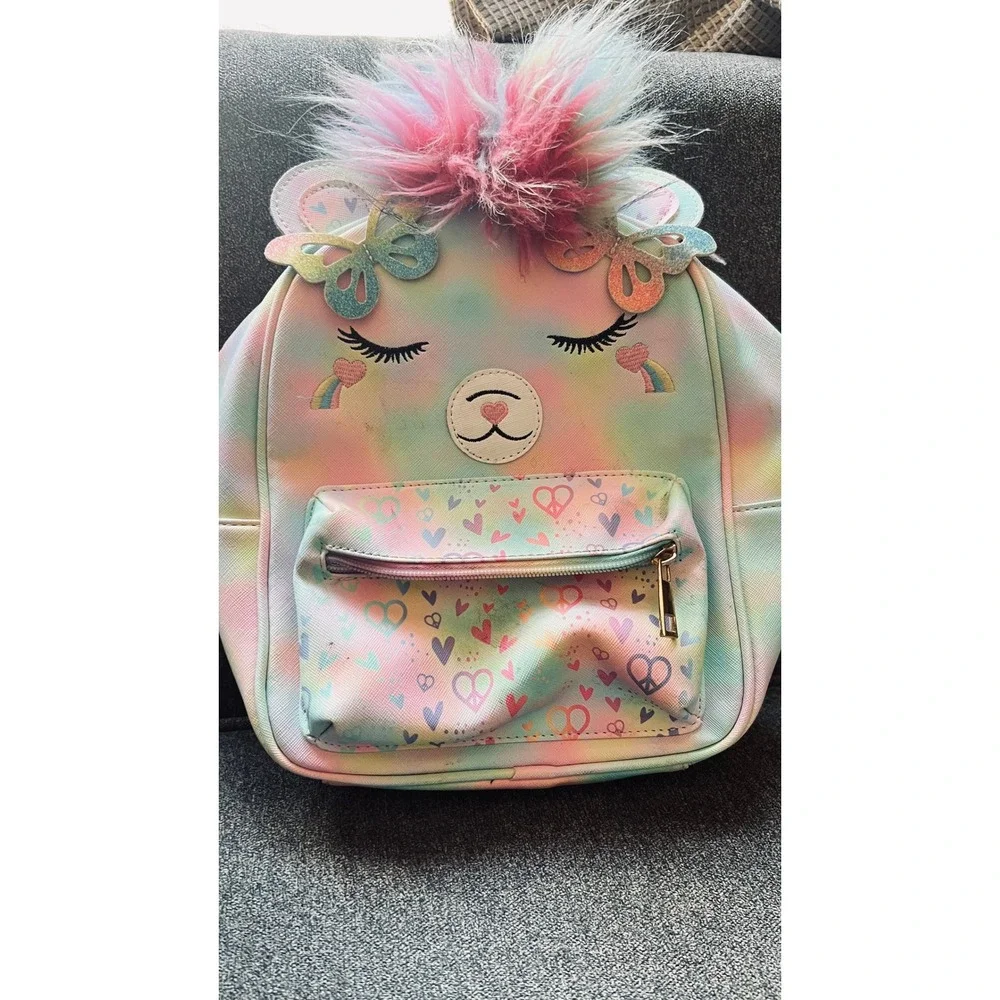 Unbranded Critter Mini Backpack Girls Small Pastel Tie Dye Butterfly Faux Fur